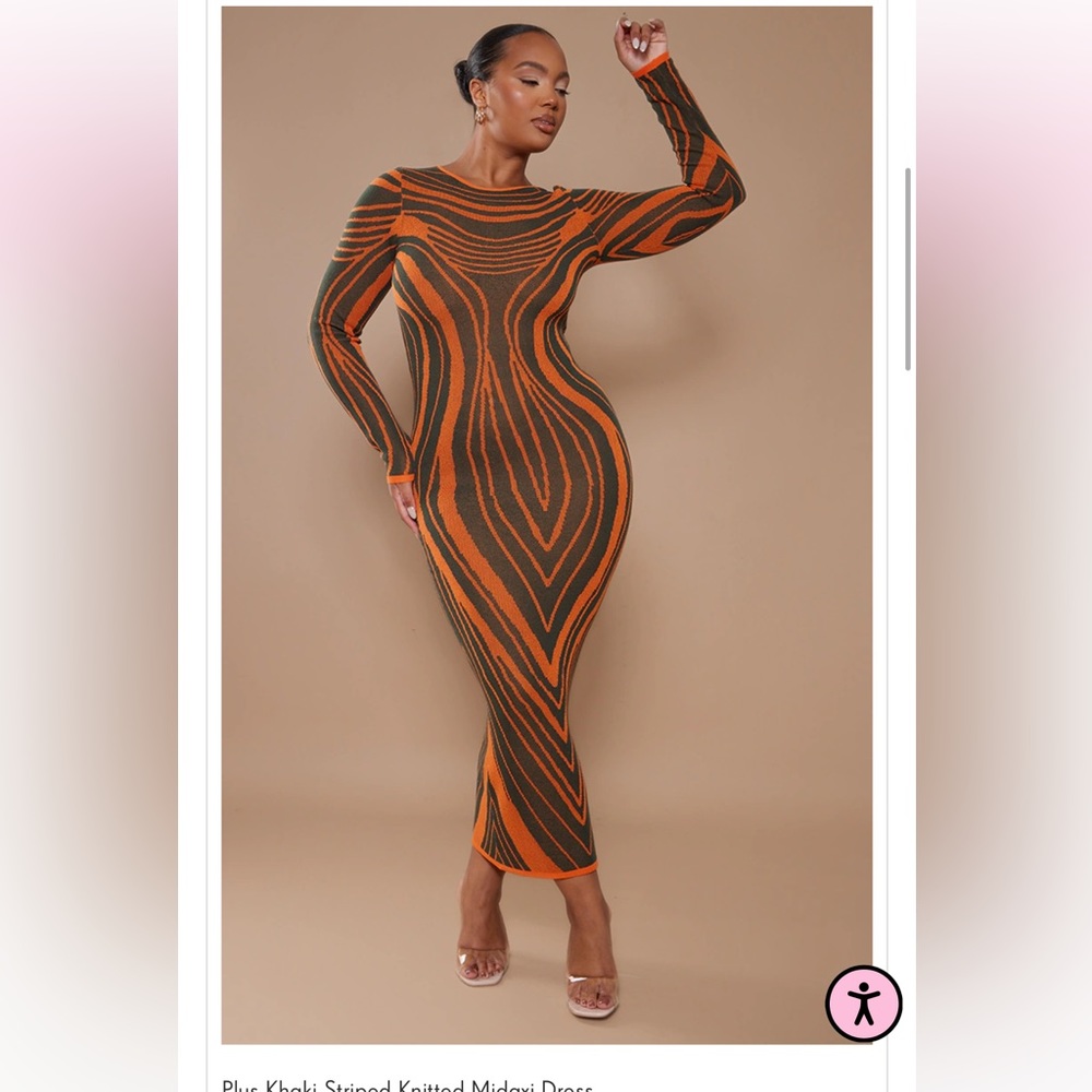 Khaki Striped Knitted Midaxi Dress